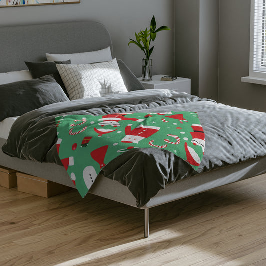 Christmas Fleece Blanket with Santa, Snowmen & Candy Cane Print