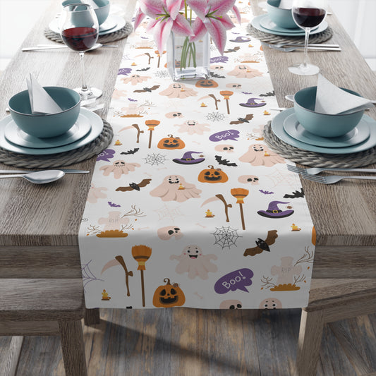 Halloween Icons & Boo! Table Runner – Festive Spooky Trick-or-Treat Decor