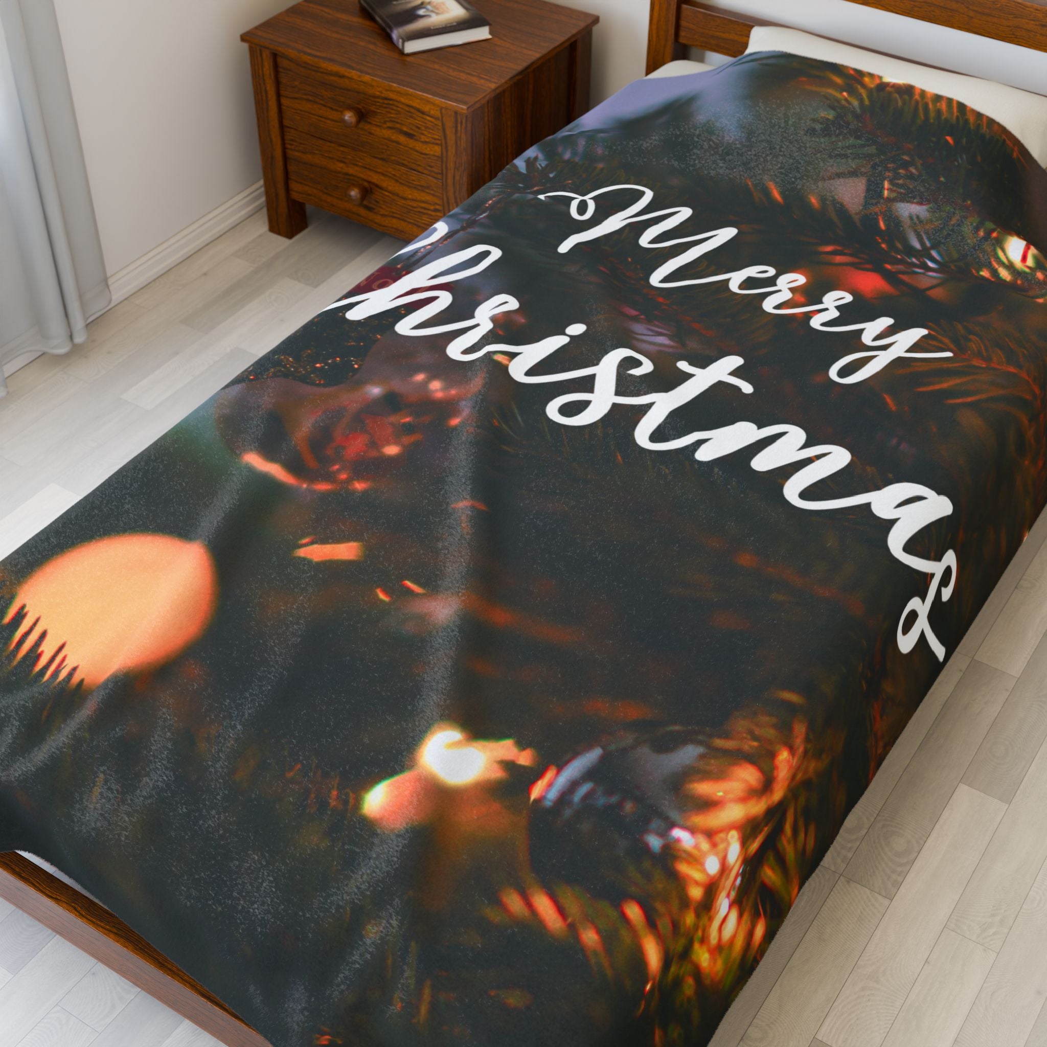 Merry Christmas with Ornament Printed Velveteen Plush Blanket