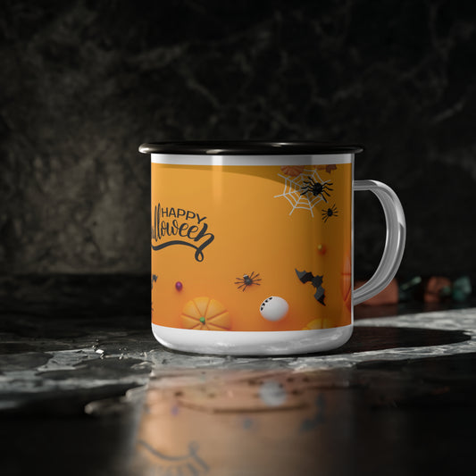 Halloween Enamel Camp Cup – Spooky Orange Design with Ghosts and Pumpkins