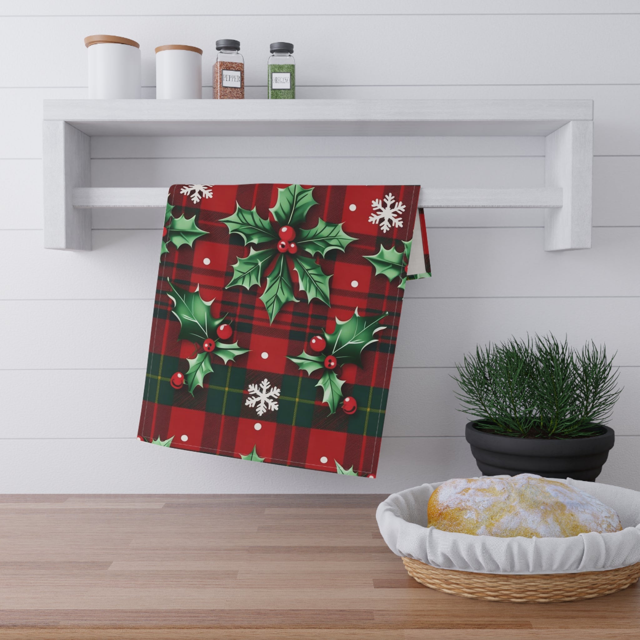 Festive Christmas Tea Towel with Red Plaid and Holly Design