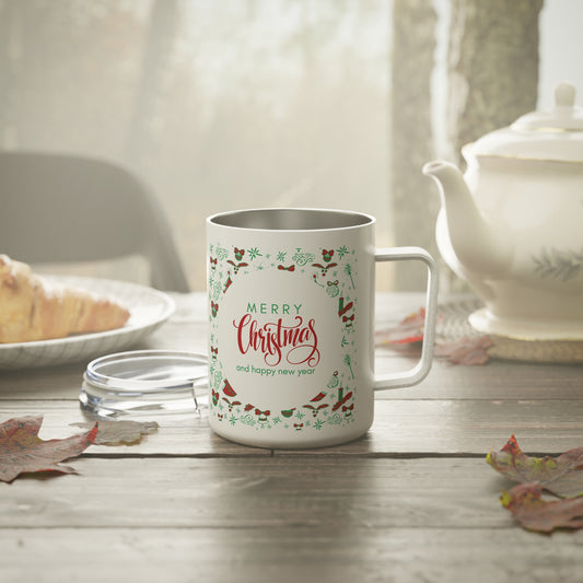 10oz Travel Mug, “Merry Christmas and Happy New Year” with Holiday Icons, Gift for Festive Season