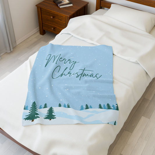 Merry Christmas Printed Velveteen Plush Blanket, Sky Blue