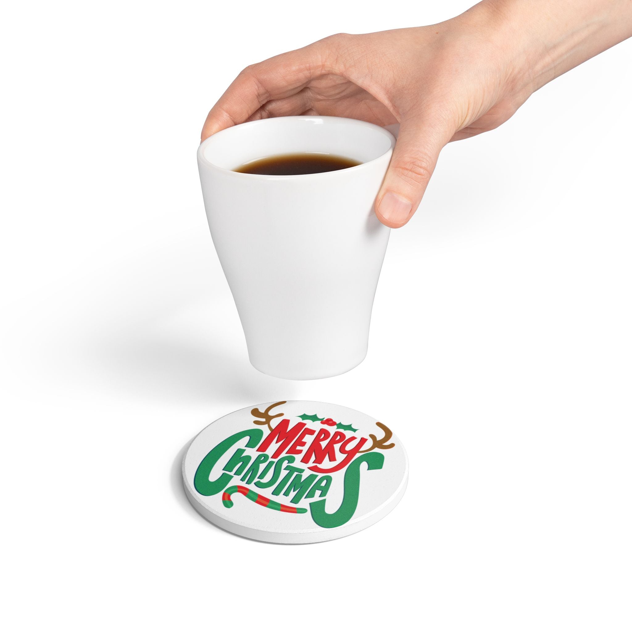 Festive Christmas Ceramic Coaster with Reindeer and Candy Cane Design