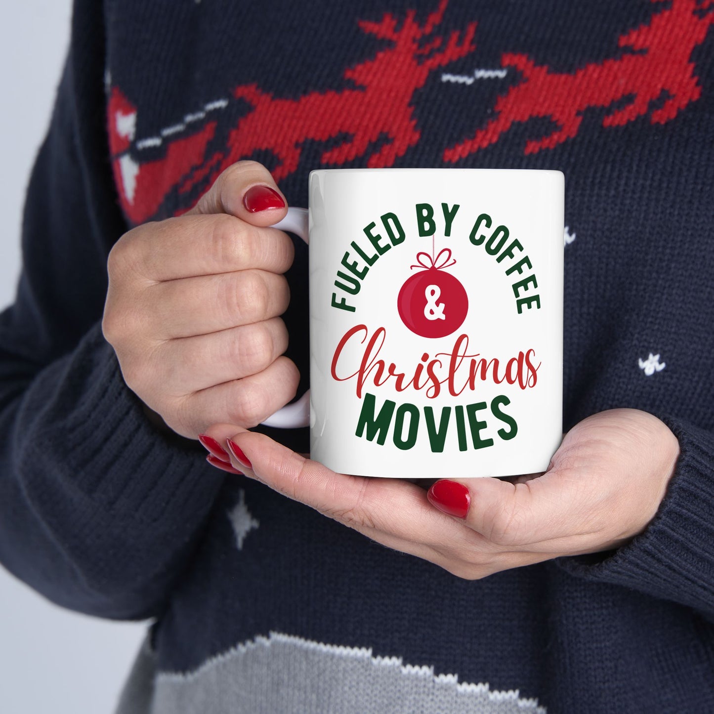 11oz Ceramic Coffee Mug with “Fueled by Coffee & Christmas Movies” Design – Holiday Gift for Cozy Sip Lovers