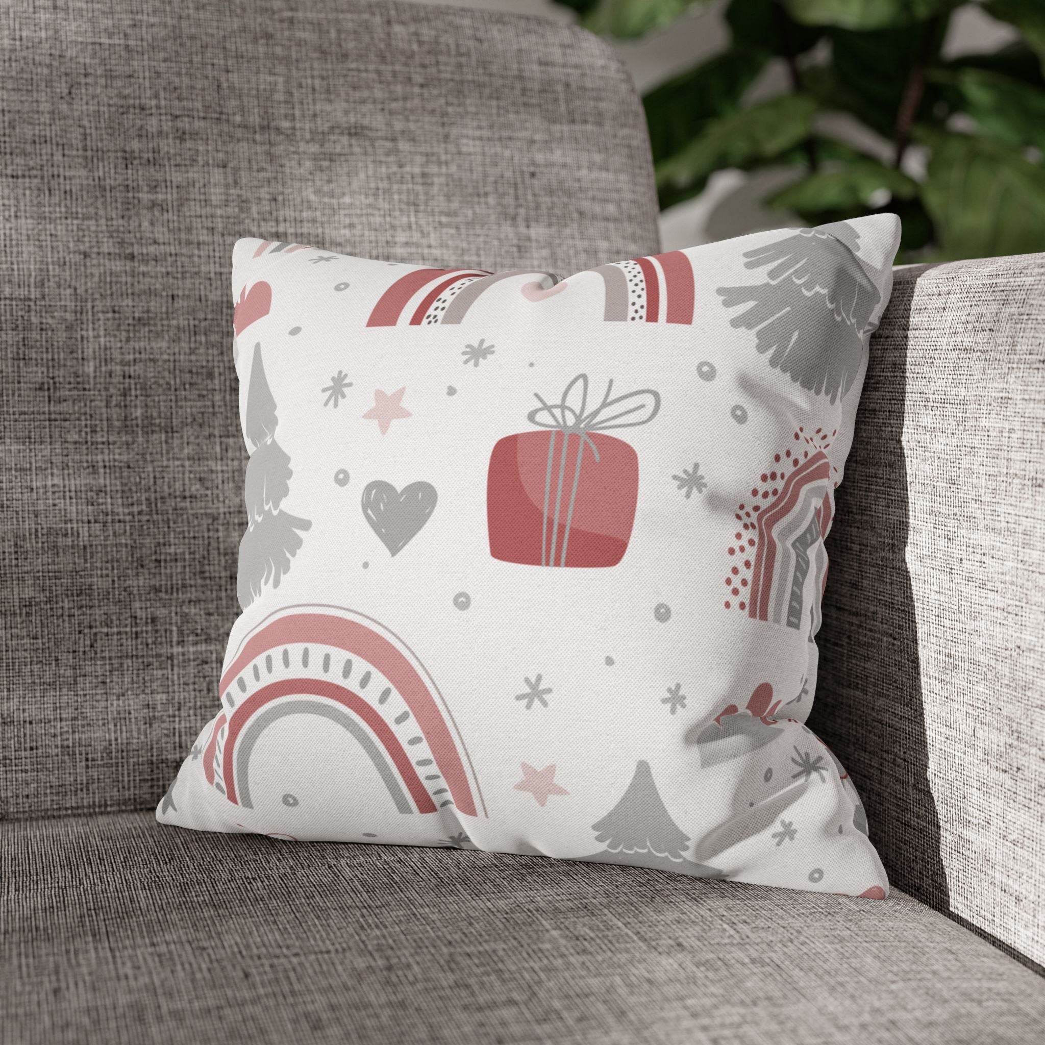 Scandinavian Christmas Pillow Cover – Red Gift Box, Trees & Modern Holiday Decor