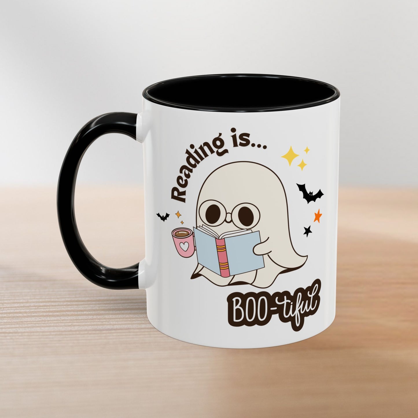 Cute Halloween Coffee Mug – Reading Is BOO-tiful Ghost & Cat Cup for Book Lovers