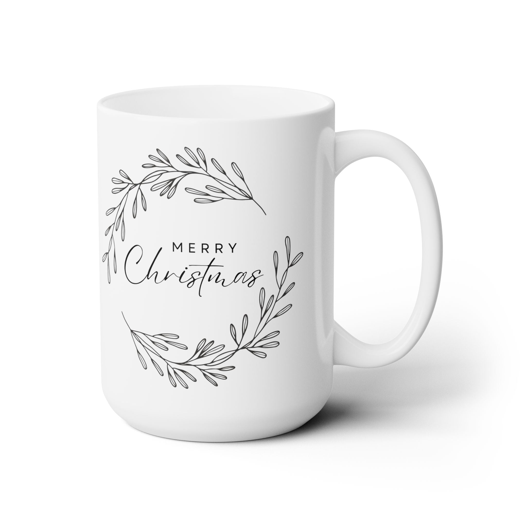 15oz Custom White Ceramic Mug with “Merry Christmas” Wreath Design – Holiday Gift for Coffee Lovers