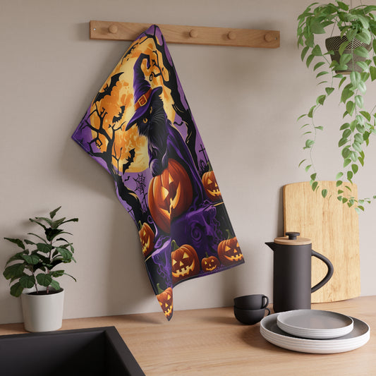 Black Cat Halloween Tea Towel – Witch Hat, Pumpkins, and Full Moon Design