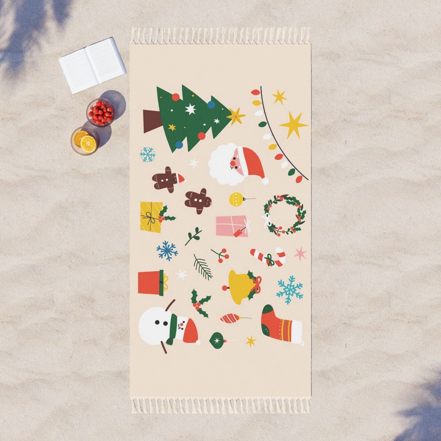 Christmas Boho Beach Cloth with Tassels – Large Lightweight Polyester Throw