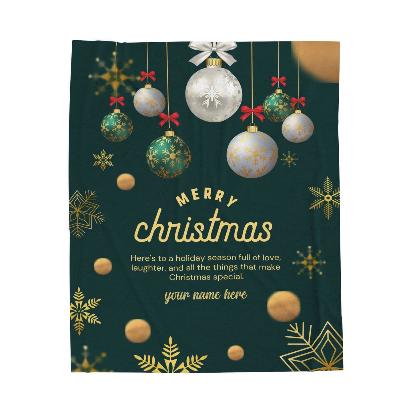 Elegant Green & Gold Christmas Blanket – Personalized Holiday Gift with Ornaments and Message