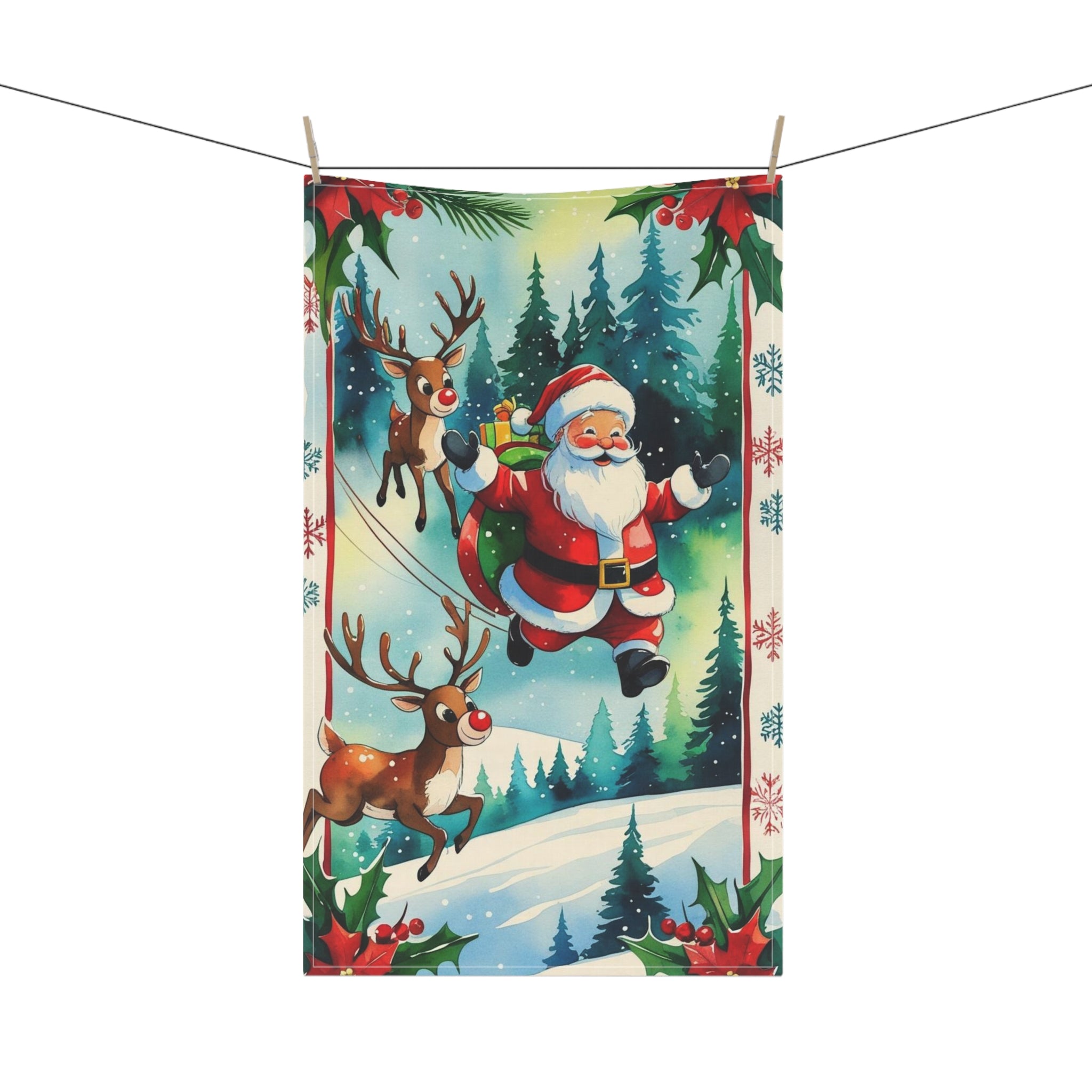 Festive Christmas Tea Towel with Santa and Reindeer Design