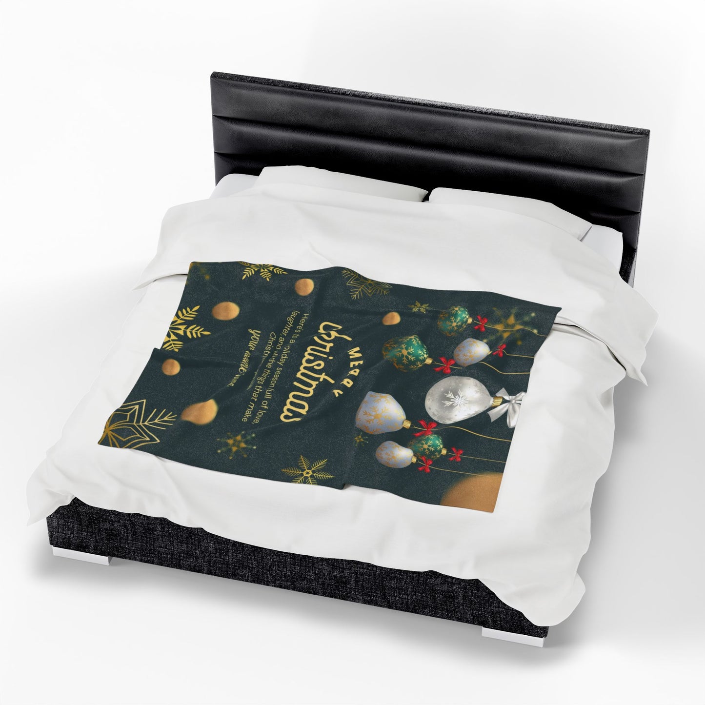 Elegant Green & Gold Christmas Blanket – Personalized Holiday Gift with Ornaments and Message