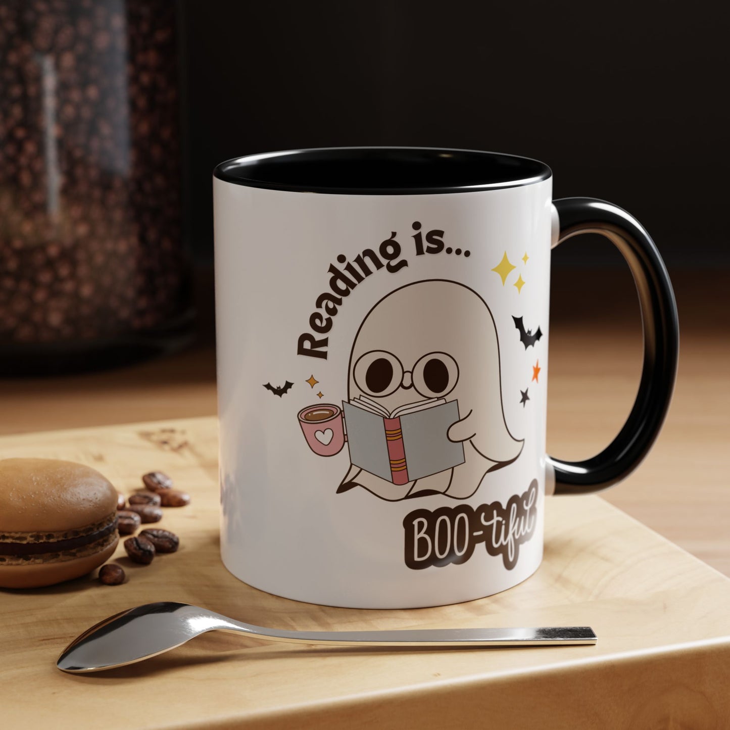Cute Halloween Coffee Mug – Reading Is BOO-tiful Ghost & Cat Cup for Book Lovers