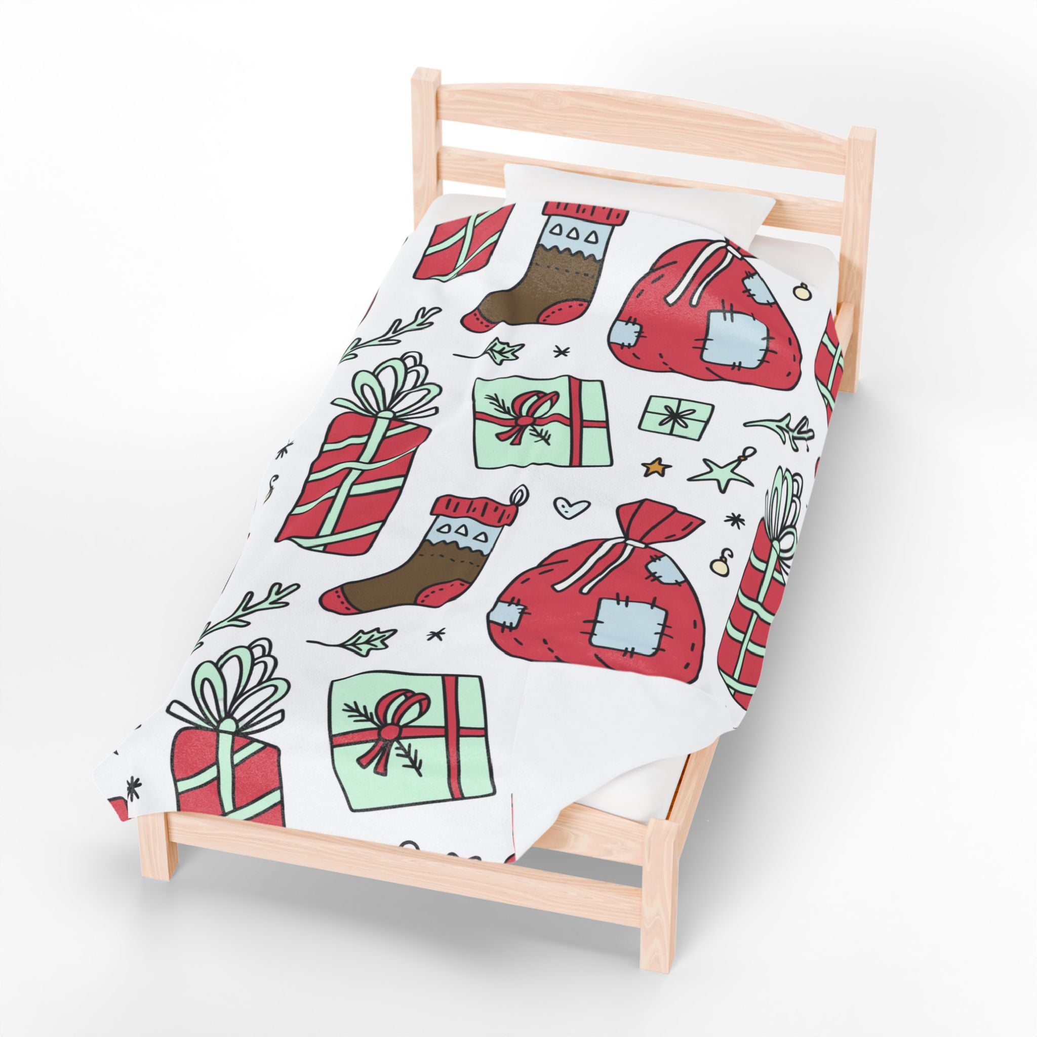 Gift Bag & Candy Cane Velveteen Plush Blanket – Festive Christmas Present Pattern