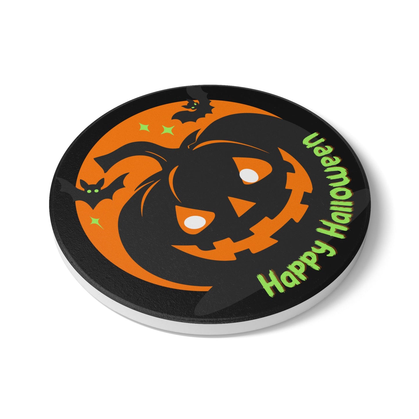 Happy Halloween Ceramic Coaster – Smiling Jack-O’-Lantern with Bats and Stars