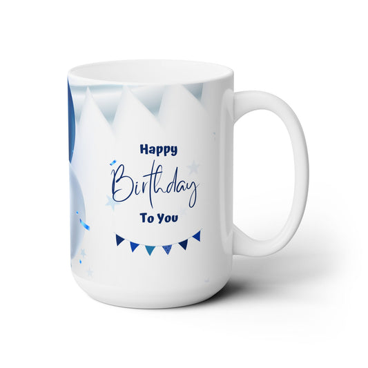 Happy Birthday Coffee Mug – Blue Birthday Gift Cup, 15oz Ceramic Mug with Balloons & Bunting Design