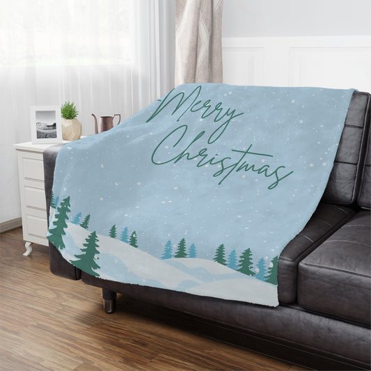 Merry Christmas Printed Velveteen Minky Blanket, Sky Blue