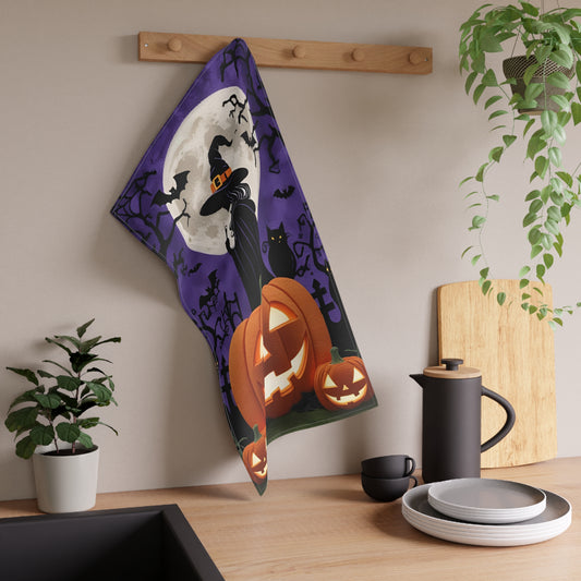 Witch and Jack-O’-Lantern Halloween Tea Towel – Spooky Purple Night Design