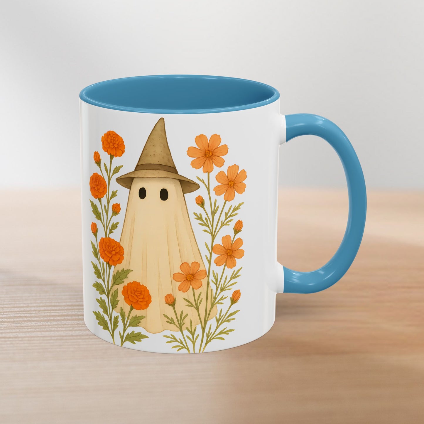 October Birth Flower Ghost Mug – Marigold & Cosmos Halloween Coffee Cup