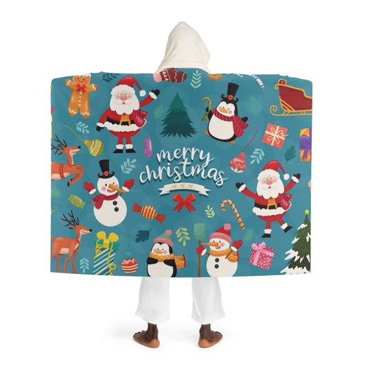 Sherpa Hooded Blanket – Blue with Gingerbread, Santa & Candy Canes – Cozy Christmas Gift