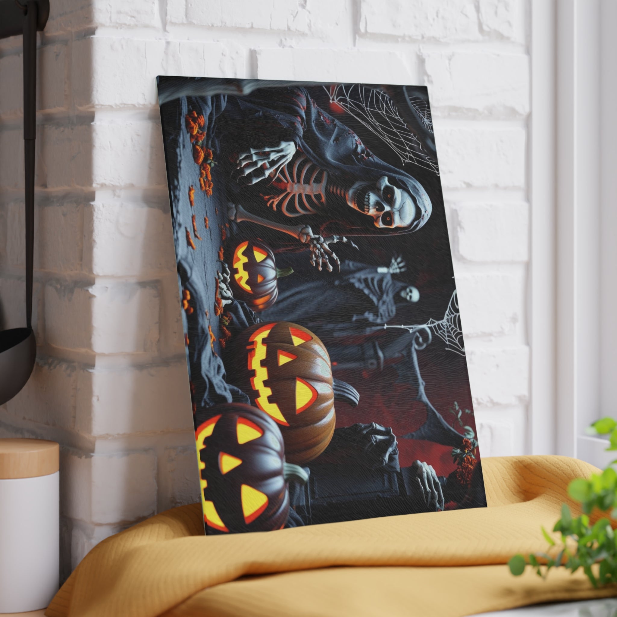 Spooky Halloween Cutting Board with Skeleton and Pumpkins Design