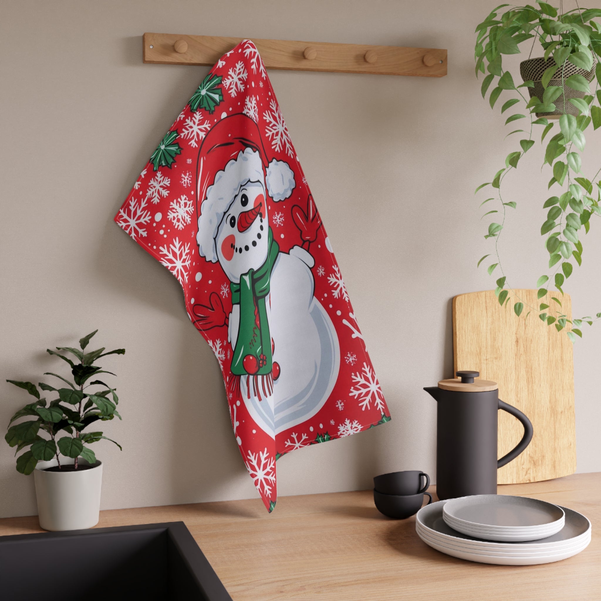 Cheerful Christmas Tea Towel with Snowman Design