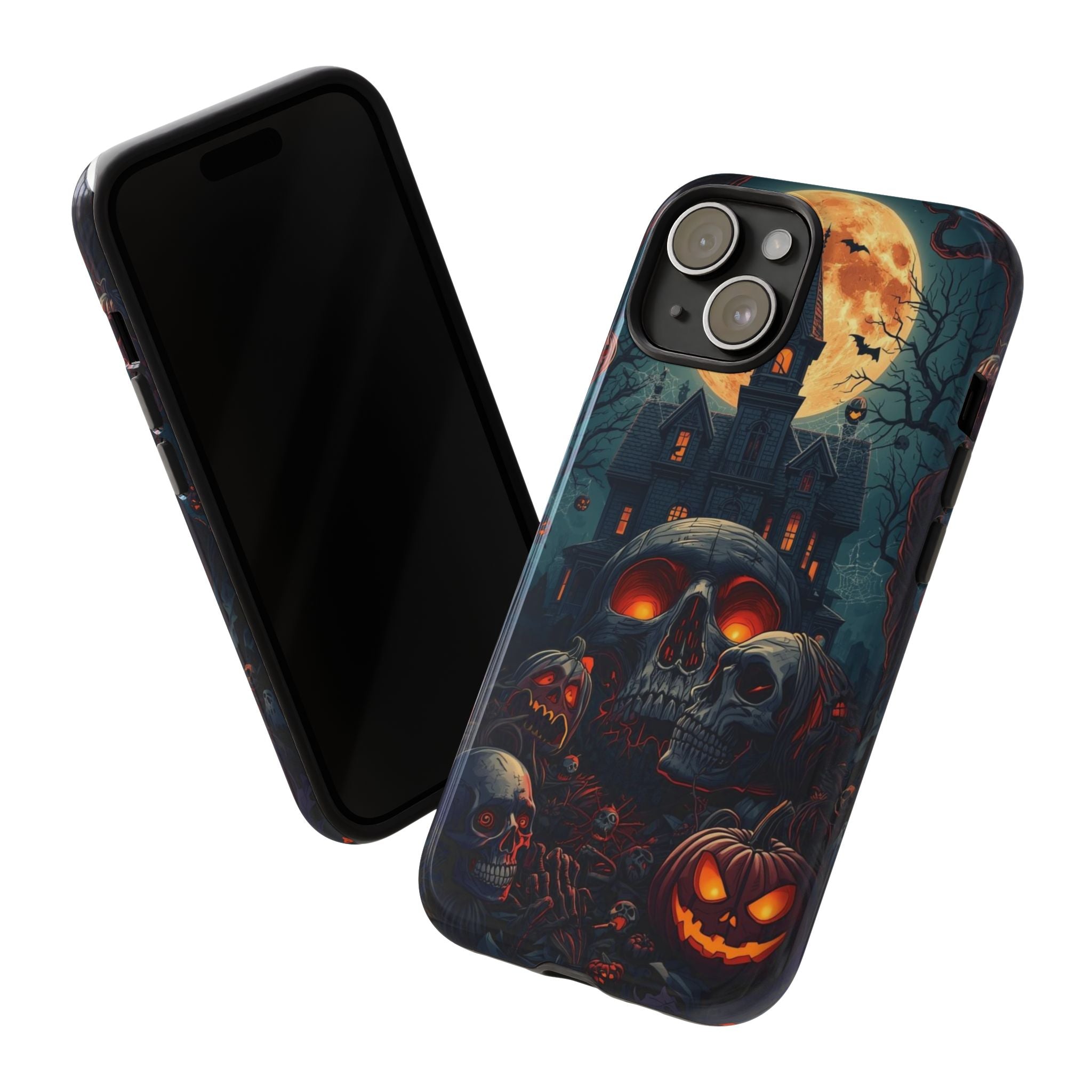 Spooky Halloween Phone Case with Skulls, Pumpkins, and Haunted Mansion