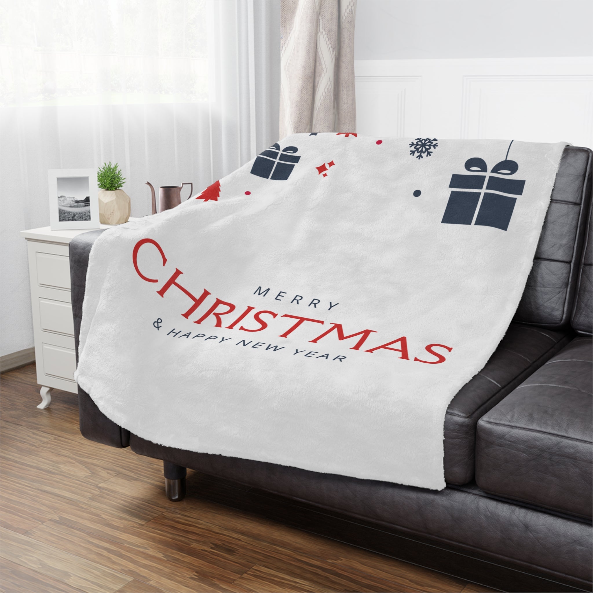 Merry Christmas & Happy New Year Printed Minky Blanket, White