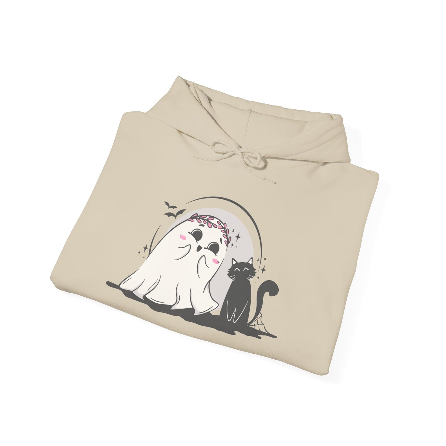 Floral Ghost & Black Cat Hoodie – Cute Halloween Companions