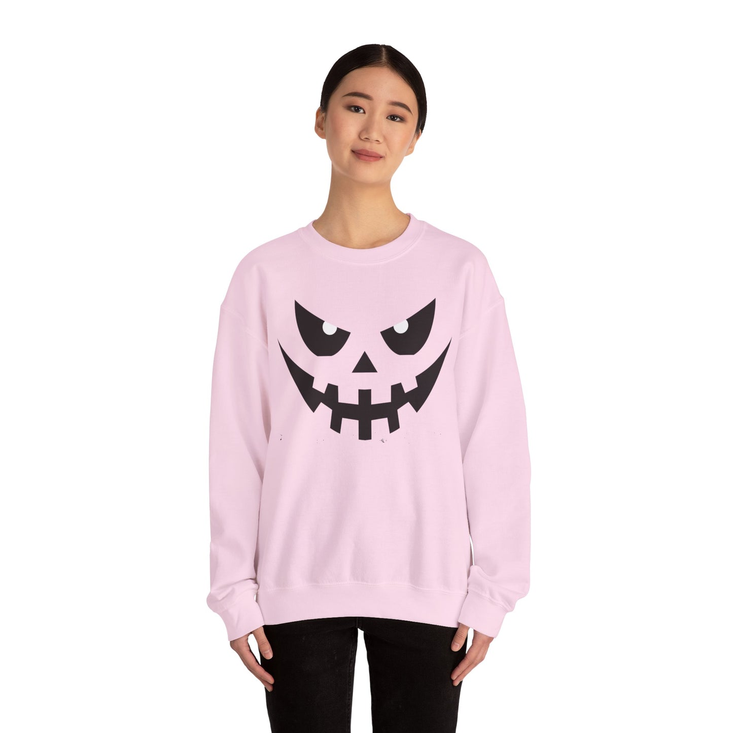 Creepy Pumpkin Face Halloween Sweatshirt – Beige Graphic Pullover for Spooky Season