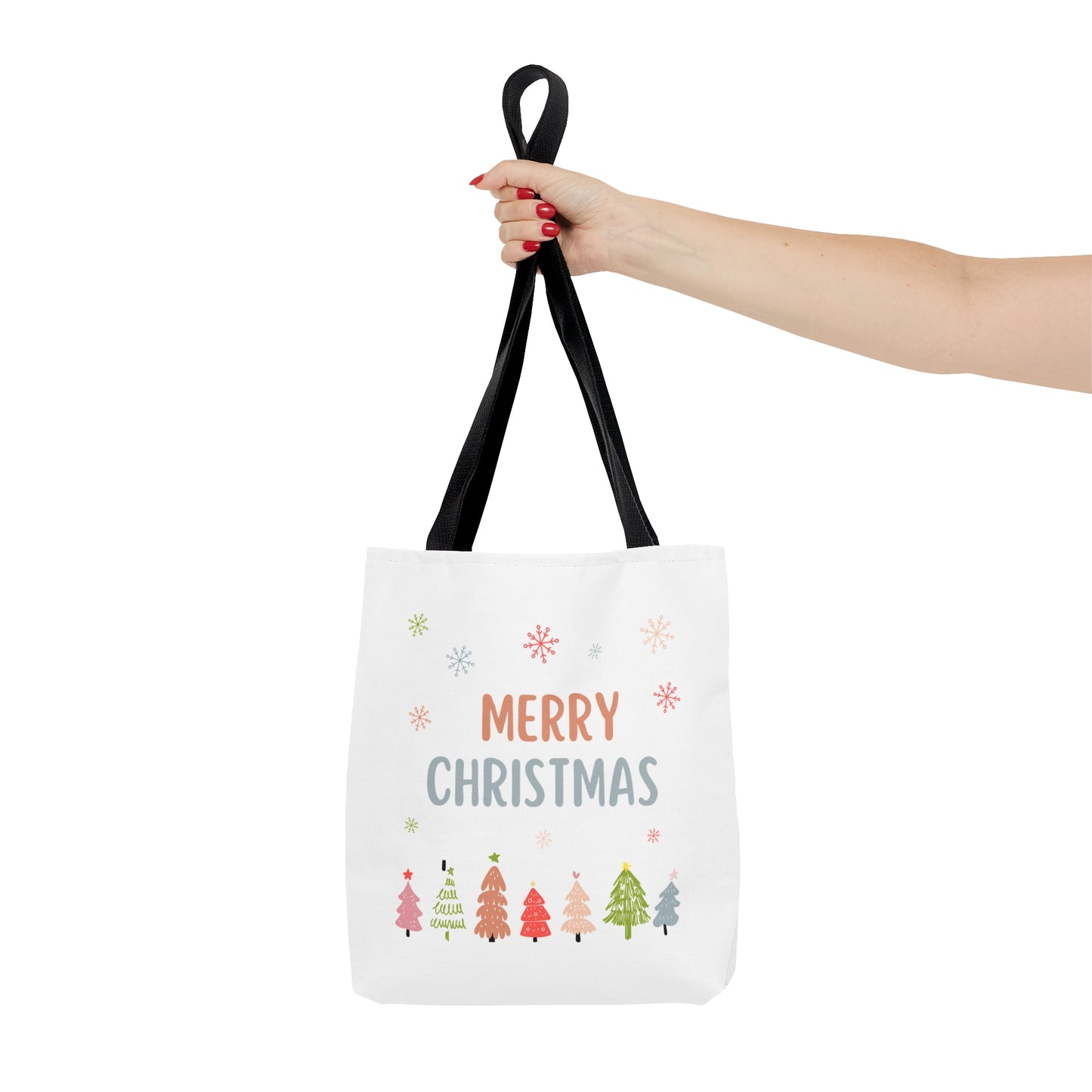 Tote Bag – “MERRY CHRISTMAS” Text with Snowflakes & Colorful Tree Row – Holiday Gift for Seasonal Shoppers