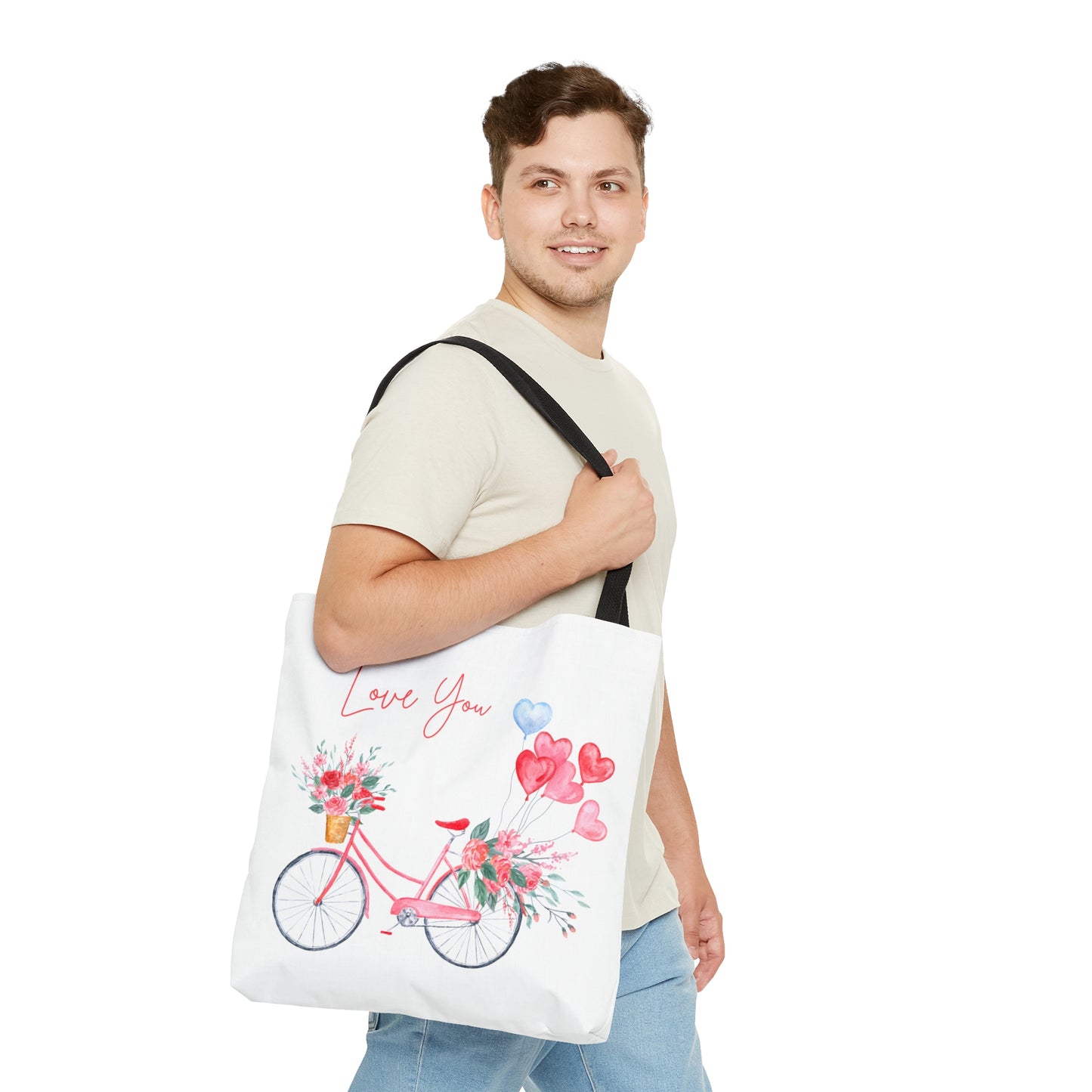 Love You with Bicycle and Heart Baloons Printed Tote Bag, Valentine's Tote Bag