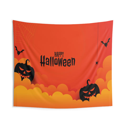 Halloween Wall Tapestry – “Happy Halloween” with Jack-o'-Lanterns & Bats – Spooky Orange Decor for Fall Festivities