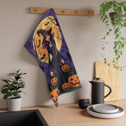 Witch and Jack-O’-Lantern Halloween Tea Towel – Spooky Cat and Pumpkin Design