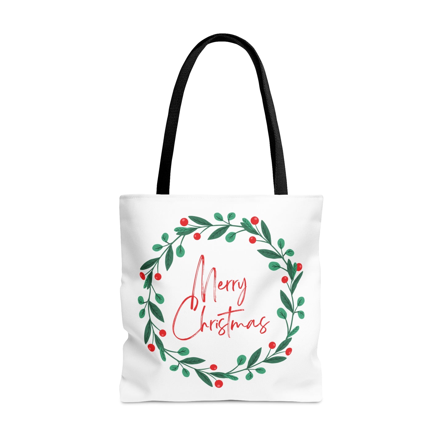 Christmas Tote Bag with “Merry Christmas” Wreath Design – Festive All-Over Print Carryall in 3 Sizes