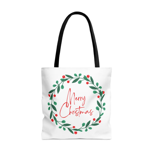 Christmas Tote Bag with “Merry Christmas” Wreath Design – Festive All-Over Print Carryall in 3 Sizes