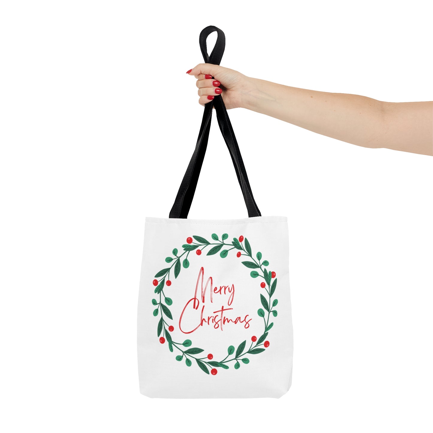 Christmas Tote Bag with “Merry Christmas” Wreath Design – Festive All-Over Print Carryall in 3 Sizes