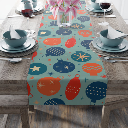 Christmas Ornament Pattern Table Runner – Festive Red, Orange & Blue Holiday Decor