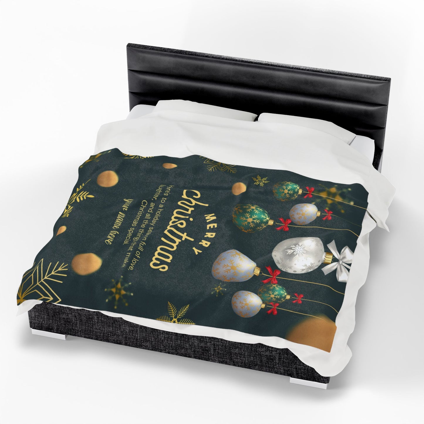 Elegant Green & Gold Christmas Blanket – Personalized Holiday Gift with Ornaments and Message