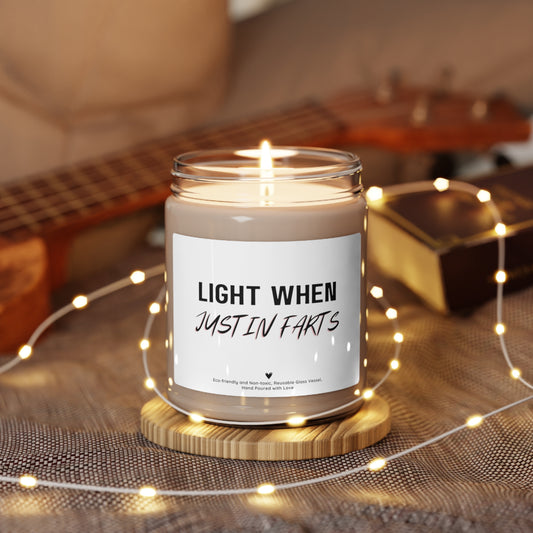 Light When Justin Farts Scented Soy Candle, 9 oz, Funny Gift for Her
