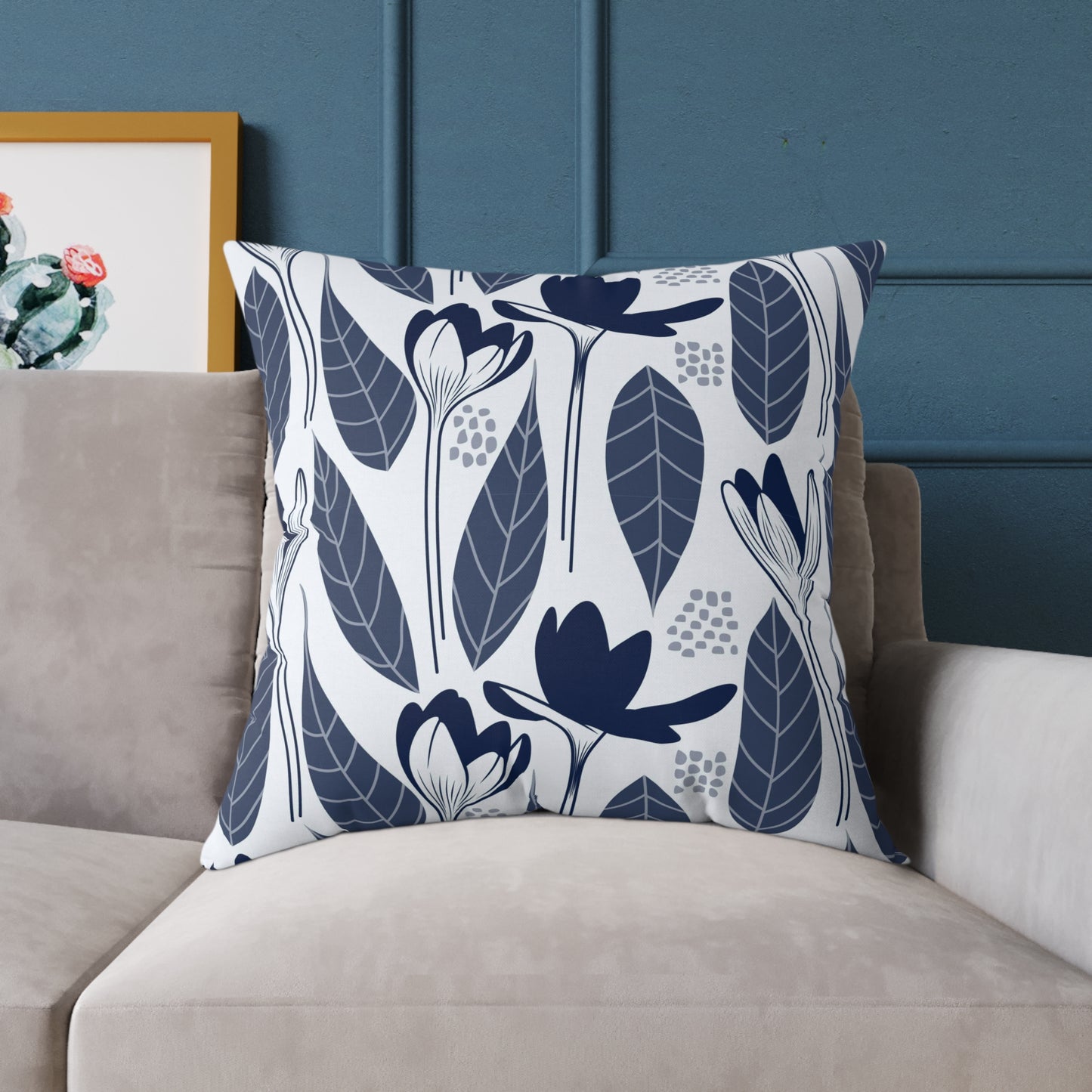 Minimalist Navy Blue Floral Throw Pillow – Modern Botanical Cushion