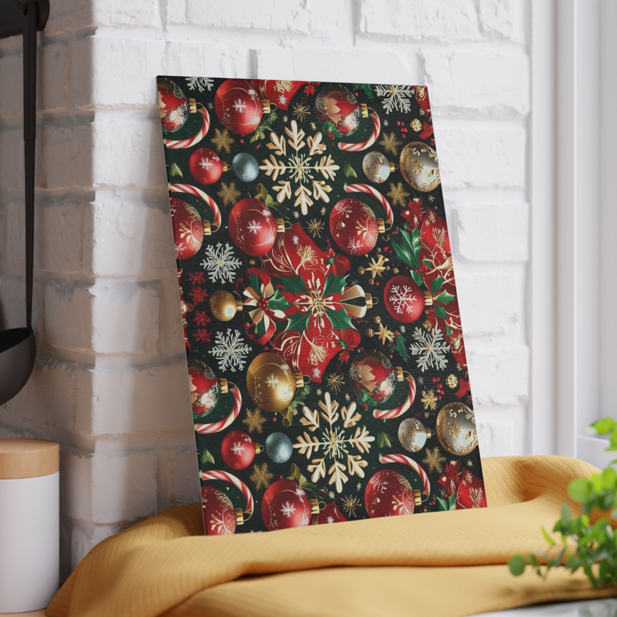 Christmas Cutting Board with Holly and Ornament Design