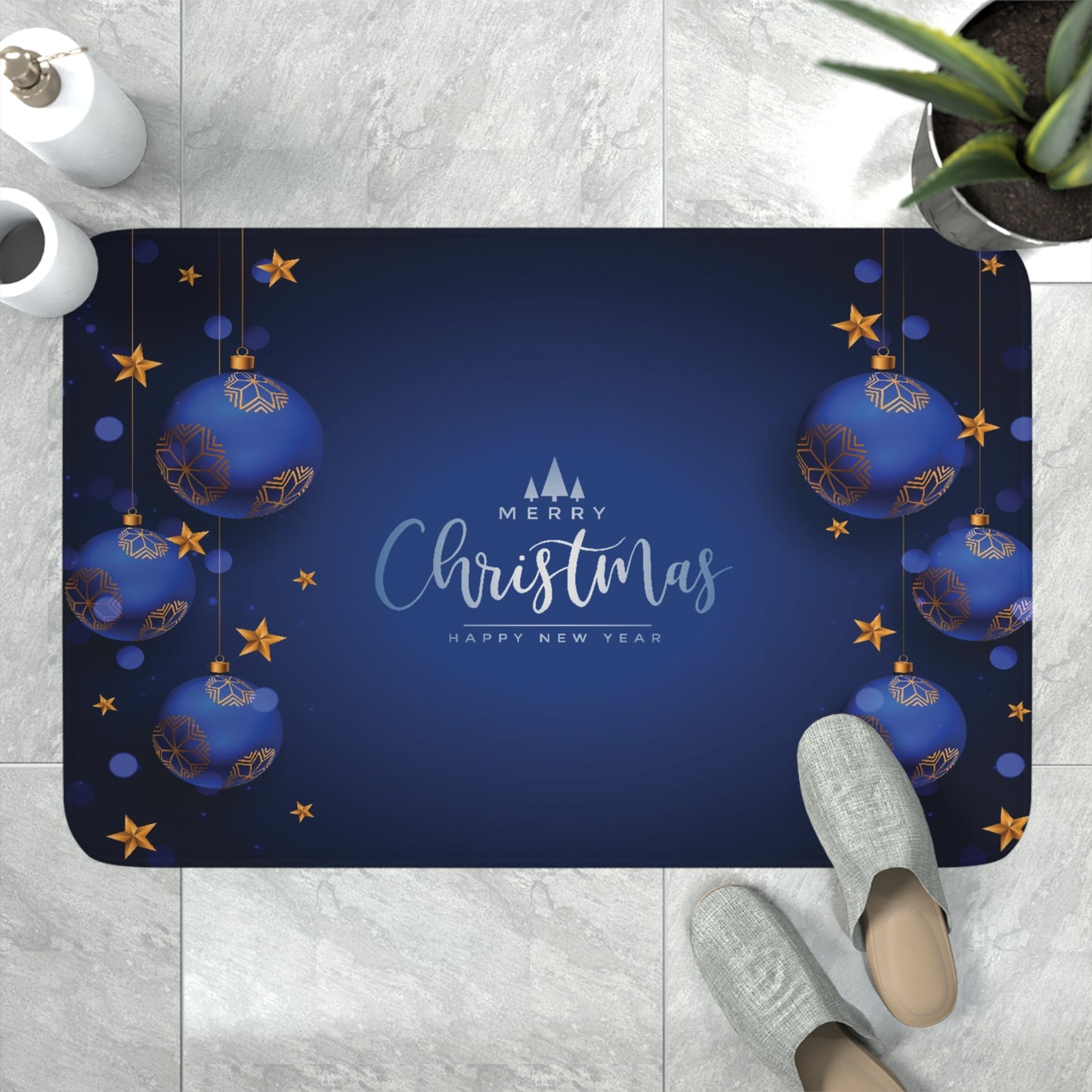 Merry Christmas Printed Memory Foam Bath Mat, Dark Blue