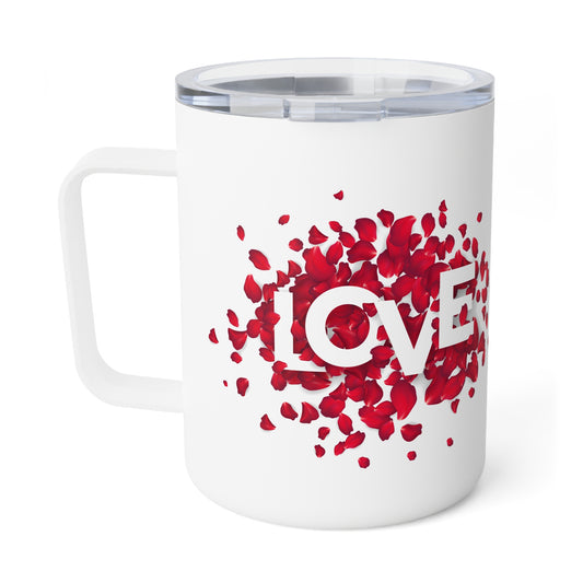 Romantic Travel Mug with “LOVE” and Rose Petals – 10oz Stainless Steel, Acrylic Lid