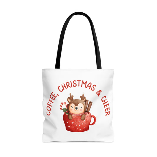 Tote Bag – COFFEE, CHRISTMAS & CHEER Reindeer Design – Gift for Holiday Shoppers, Winter Coffee Lovers