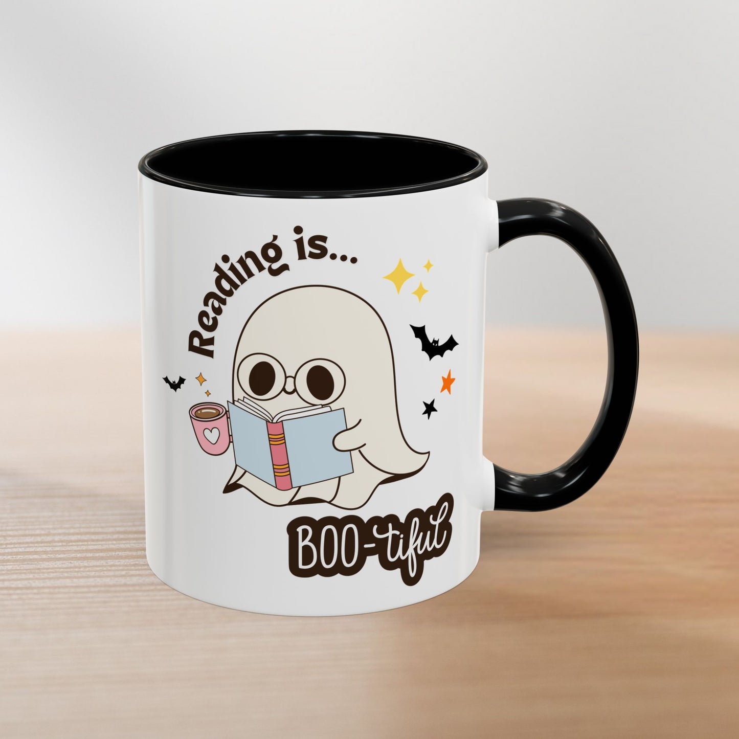 Cute Halloween Coffee Mug – Reading Is BOO-tiful Ghost & Cat Cup for Book Lovers