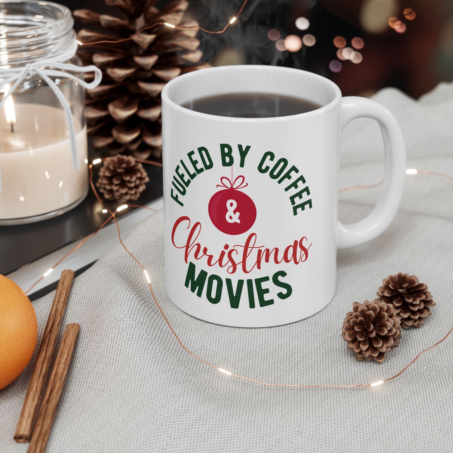 11oz Ceramic Coffee Mug with “Fueled by Coffee & Christmas Movies” Design – Holiday Gift for Cozy Sip Lovers