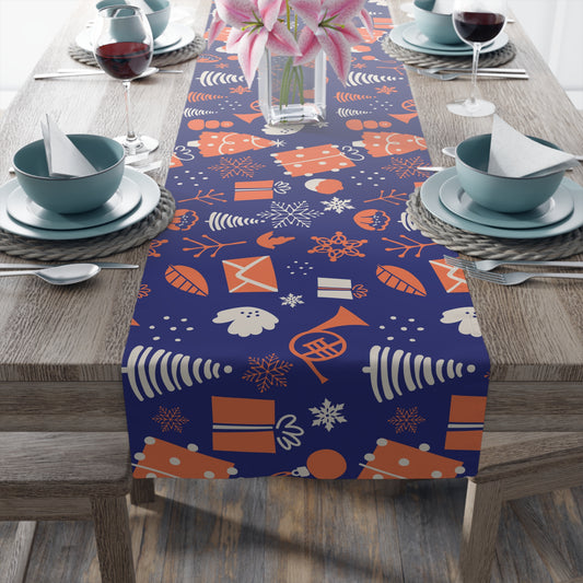 Christmas Table Runner, Navy Blue Background with Orange and White Trees Gifts and Snowflakes, Festive Holiday Dining Decor