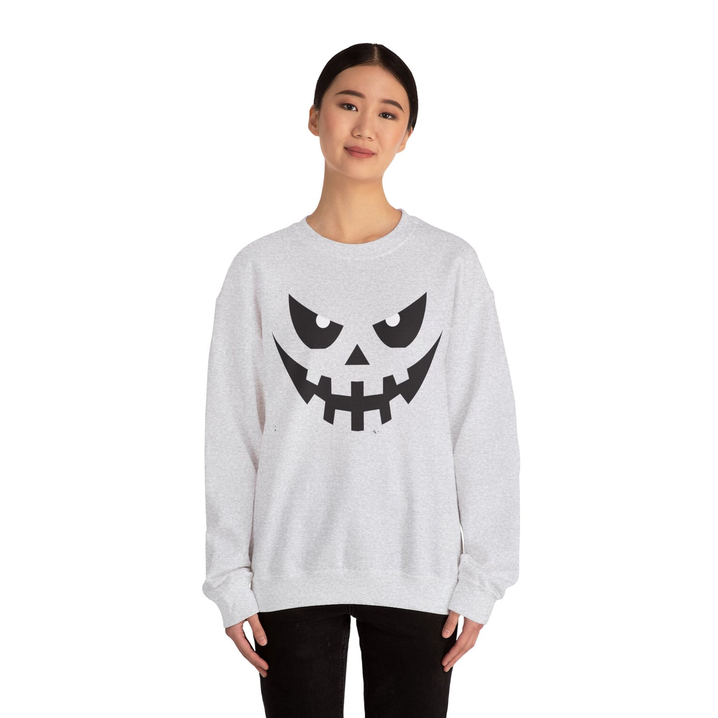 Creepy Pumpkin Face Halloween Sweatshirt – Beige Graphic Pullover for Spooky Season
